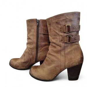 Nurture Jadyn Distressed Leather Mid Calf Heel Boots Women 8.5 Brown Zip Buckles